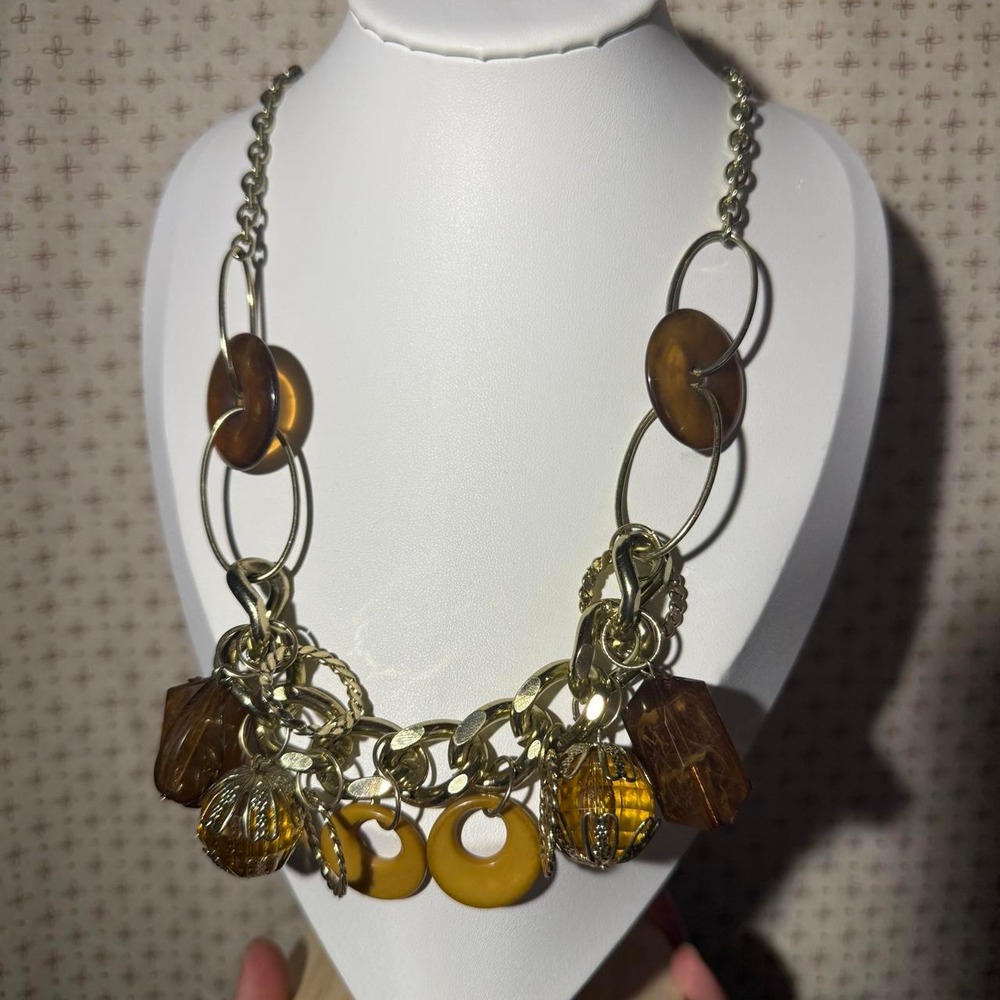 Brown Amber Gold Charm Statement Necklace Chunky Boho Maximalist Jewelry